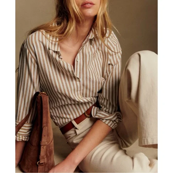 SEZANE Camel Tan & White Ecru Linen Cotton Striped Button Down Tomboy Shirt - Picture 17 of 17